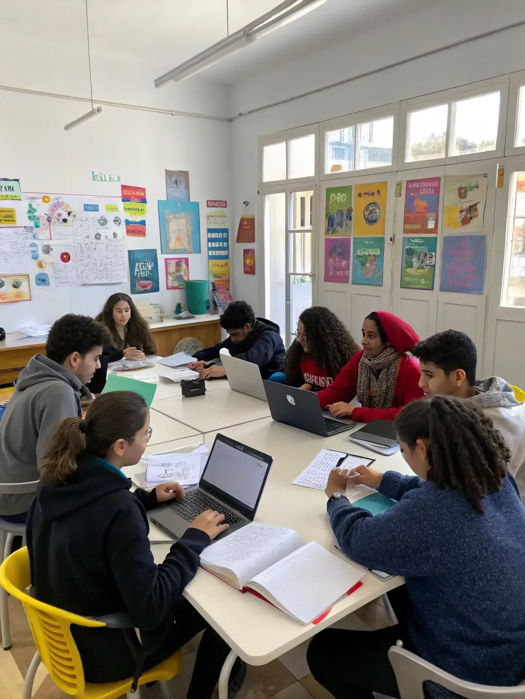 A photograph of a group of educators deeply engaged in a discussion, surrounded by books and learning materials, in a sunlit, modern classroom.
