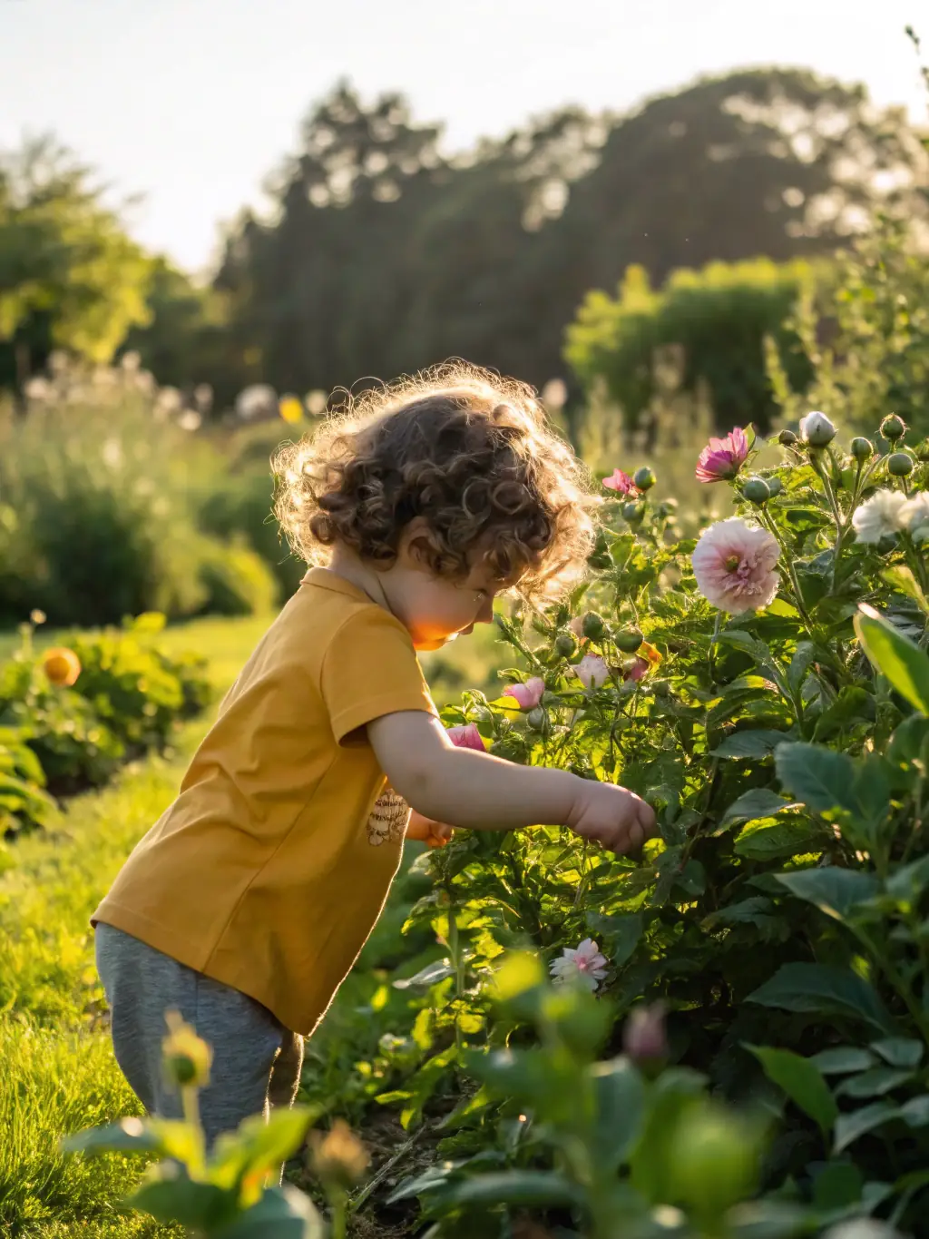 An image depicting a child happily engaged in a nature-based learning activity, surrounded by plants and natural elements.
